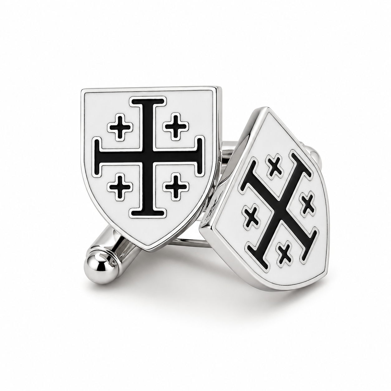 Black and white enamel Jerusalem Cross shield cufflinks in polished silver tone with bullet back closures for Christian men's formal wear.