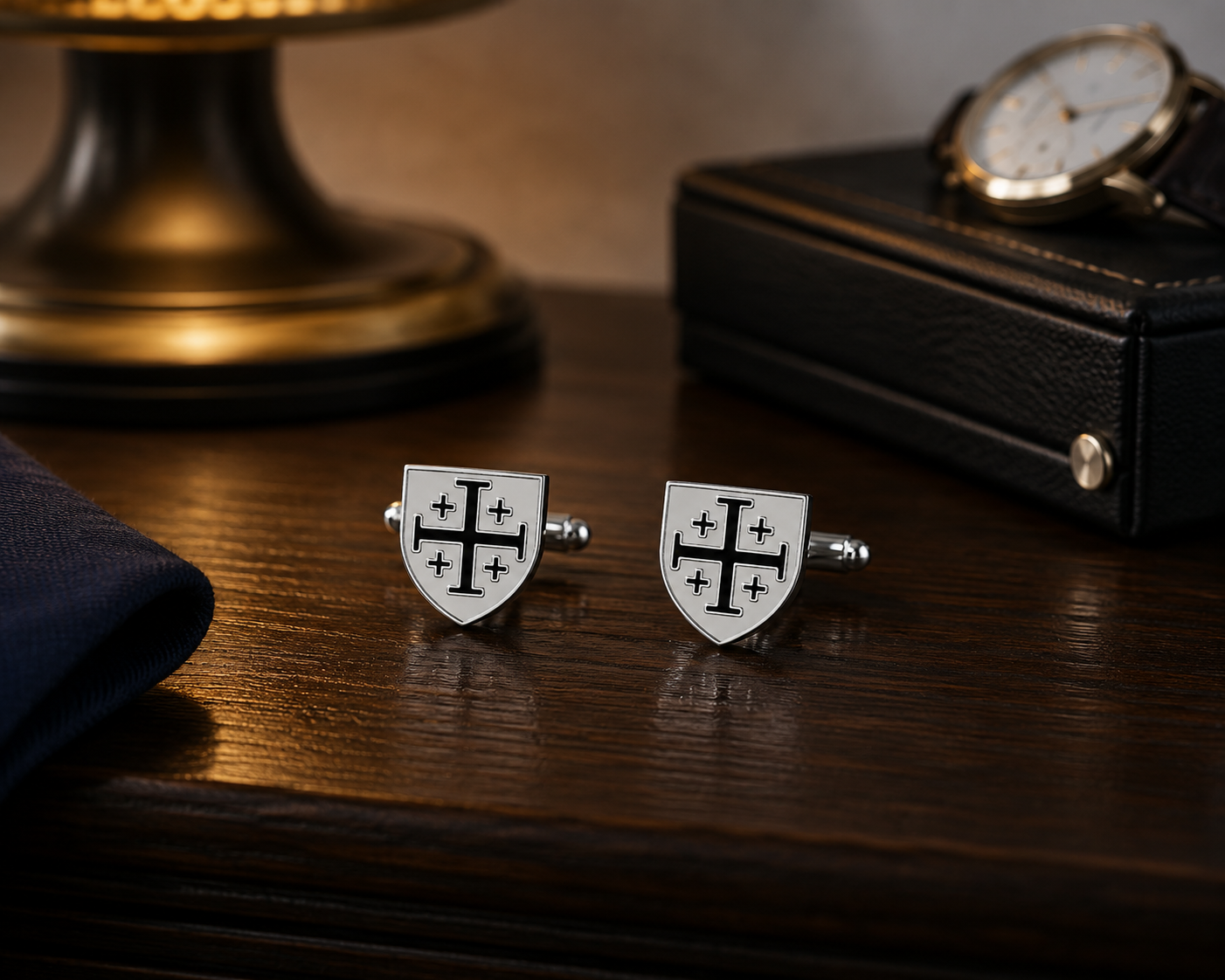 Black and white enamel Jerusalem Cross shield cufflinks in polished silver tone with bullet back closures for Christian men's formal wear.