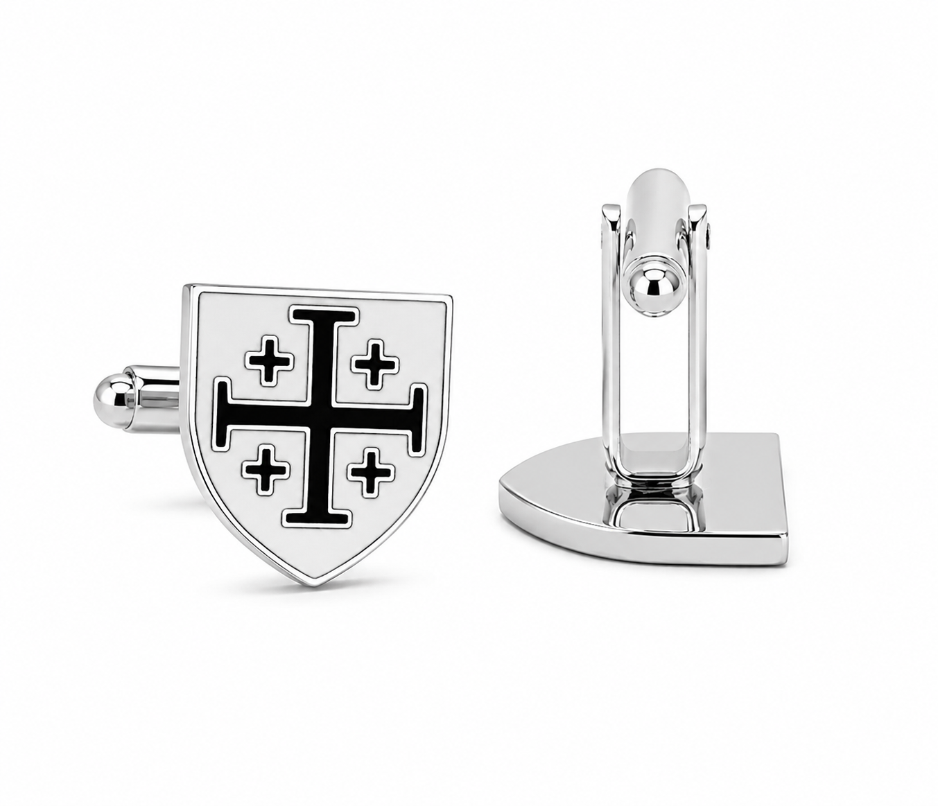 Black and white enamel Jerusalem Cross shield cufflinks in polished silver tone with bullet back closures for Christian men's formal wear.