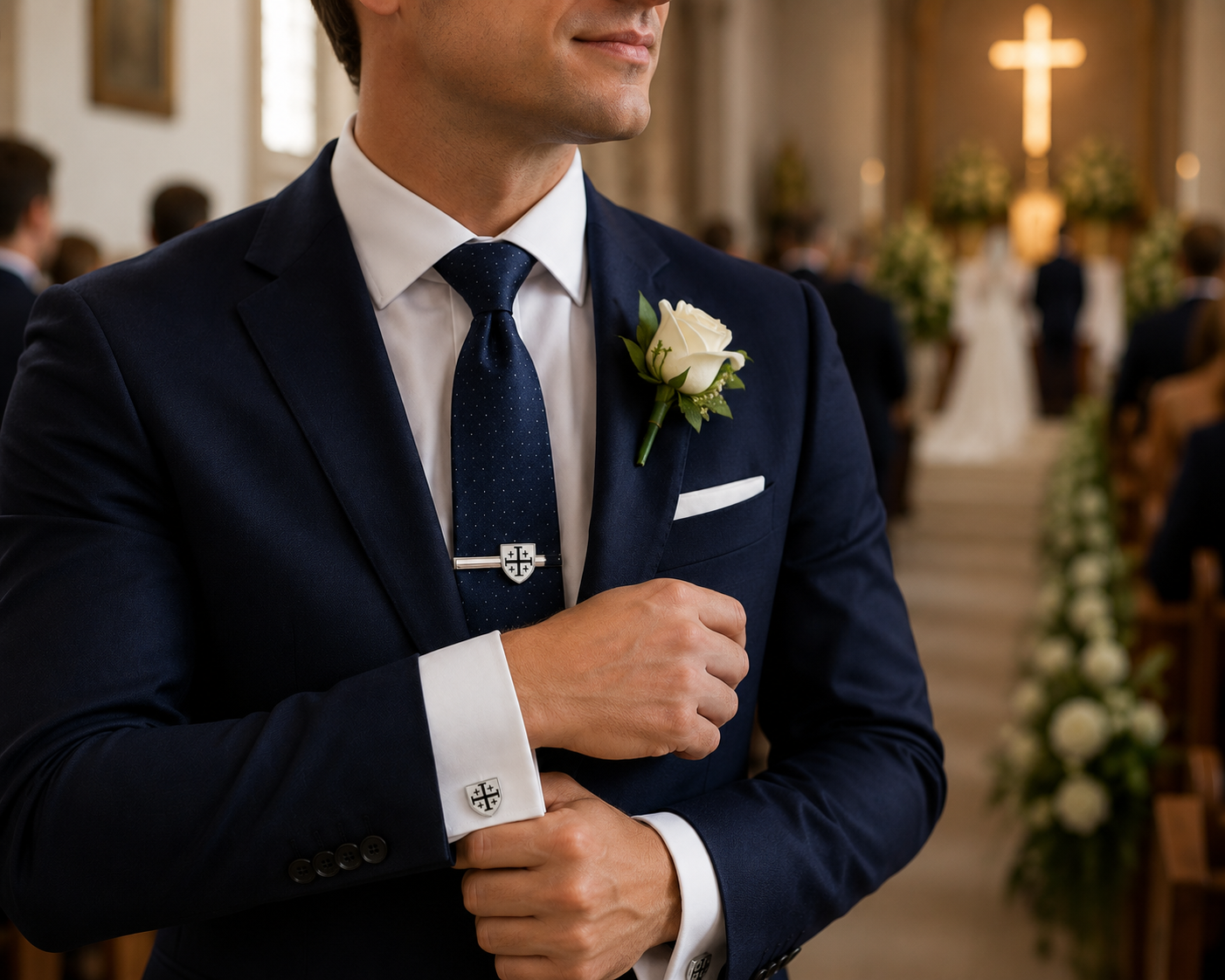 Black and white enamel Jerusalem Cross shield cufflinks in polished silver tone with bullet back closures for Christian men's formal wear.