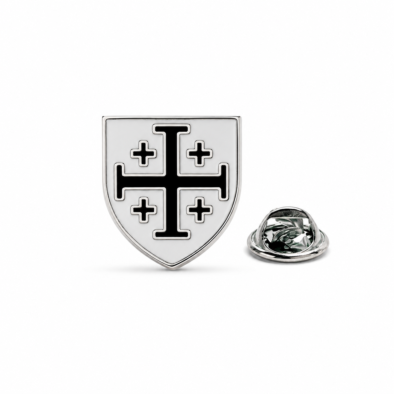 A silver shield-shaped enamel pin featuring a black Jerusalem cross and four smaller crosses, shown alongside its silver metal clutch backing on a clean white background.