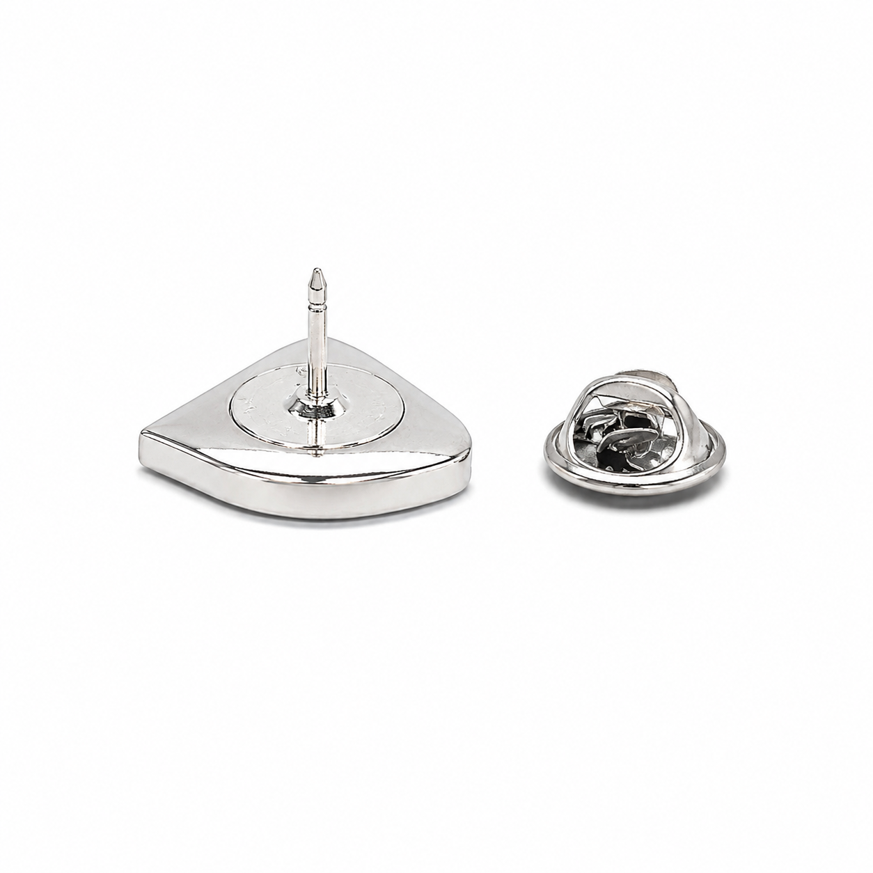 A silver triangular pinback lapel pin shown from the back, displaying the flat triangular backing and the butterfly clutch clasp on a clean white background.