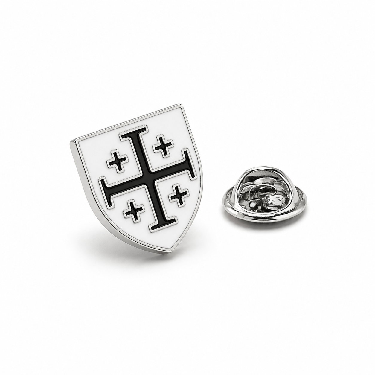A silver shield-shaped enamel pin featuring a black Templar cross, shown alongside its silver metal clutch backing on a clean white background.