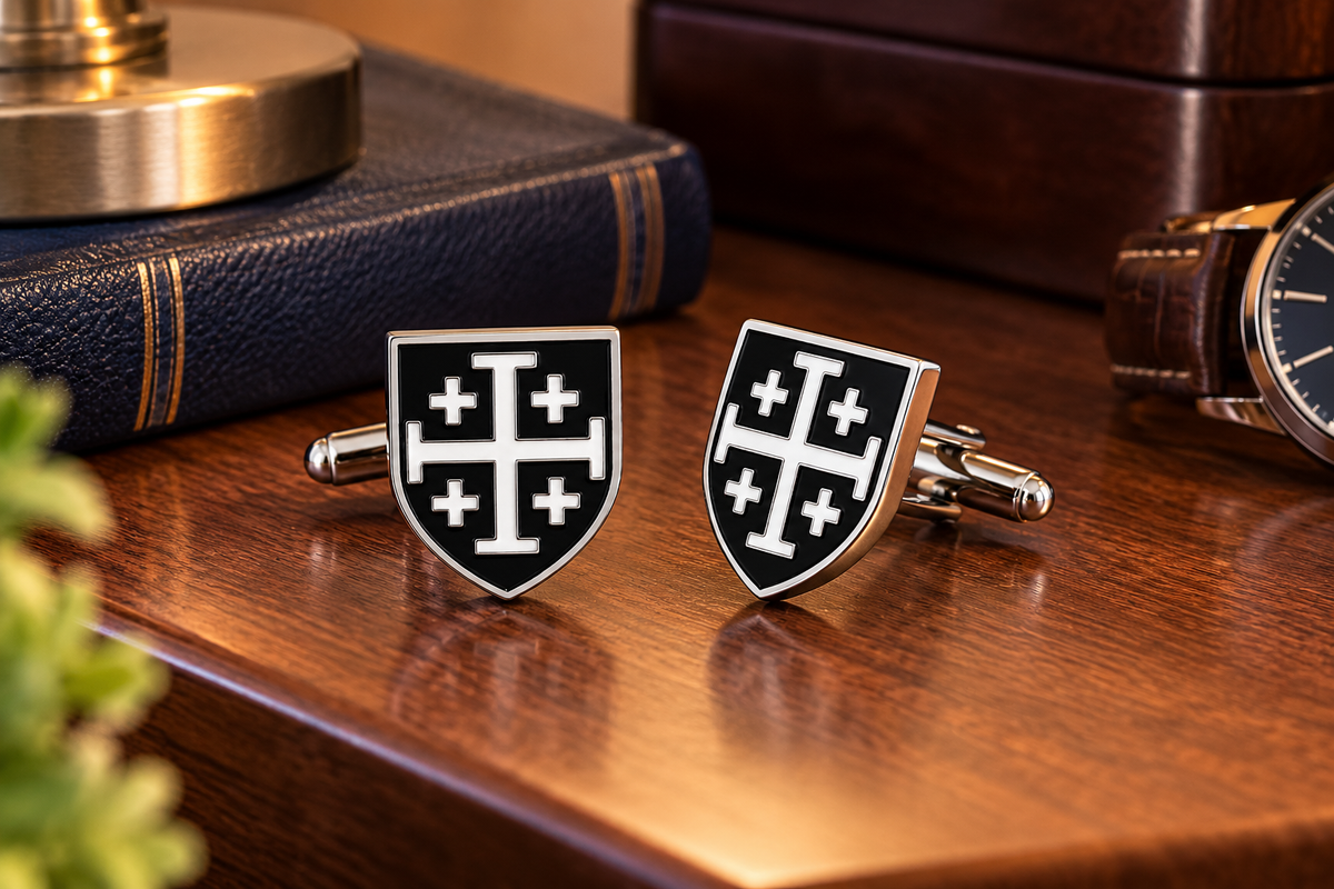Jerusalem Cross Shield Cufflinks Black and White Enamel nightstand