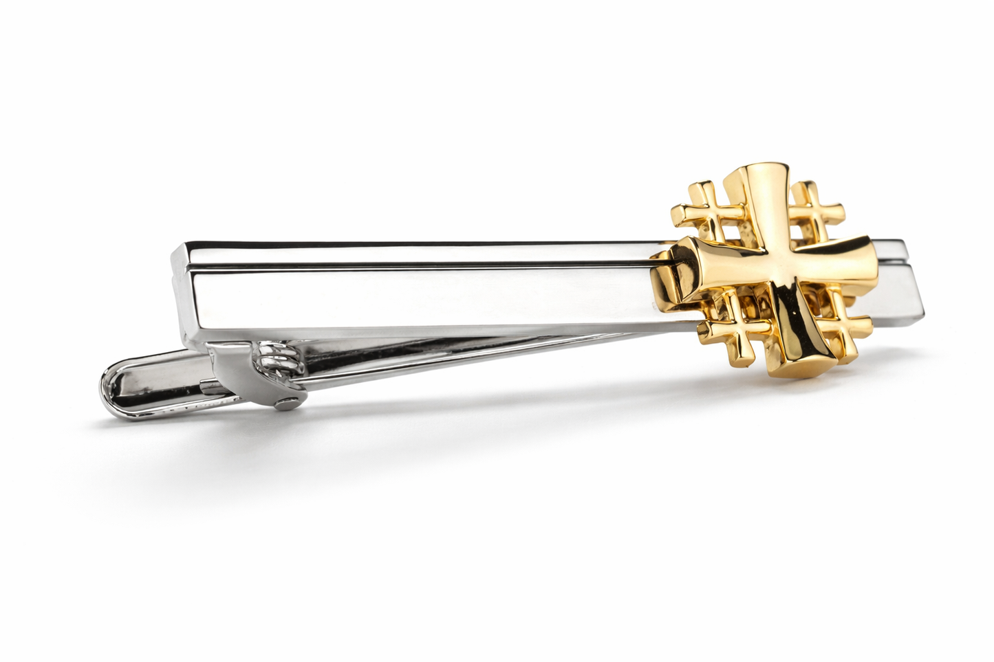 Jerusalem Cross Tie Bar Crusaders Shield Cut Out Design Silver and Gold Tone 3D Five-Fold Cross Tie Bar