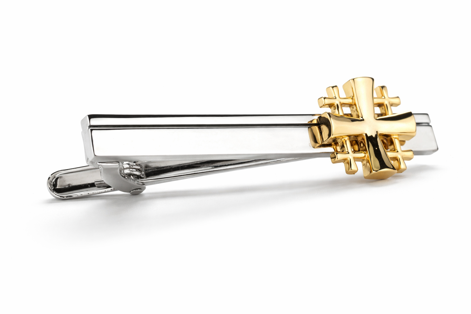 Jerusalem Cross Tie Bar Crusaders Shield Cut Out Design Silver and Gold Tone 3D Five-Fold Cross Tie Bar