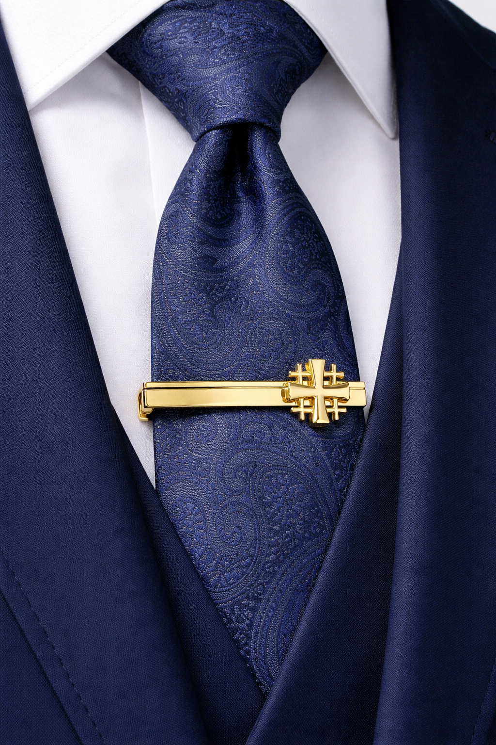 Navy paisley tie with a gold  Jerusalem Cross tie clip on a white shirt and dark suit.