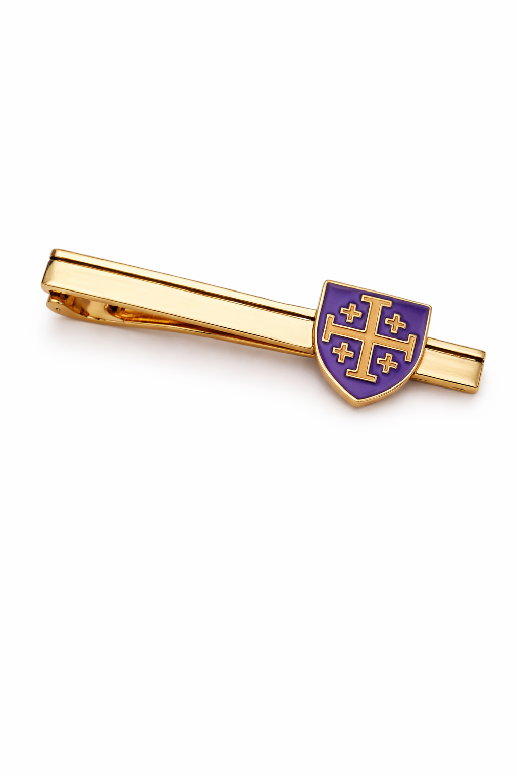Jerusalem Cross shield purple and gold tie clip for men with background