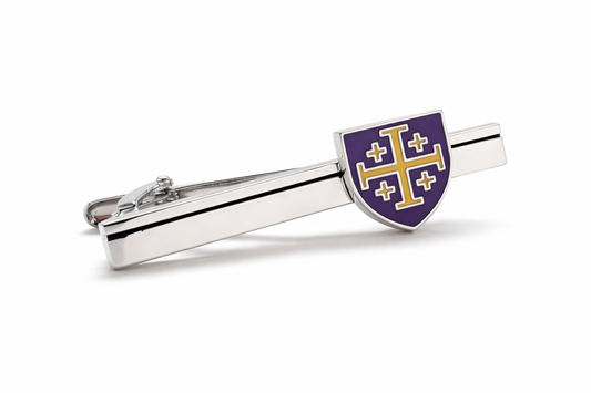 Jerusalem Cross shield silver tie clip with purple and gold accents for men