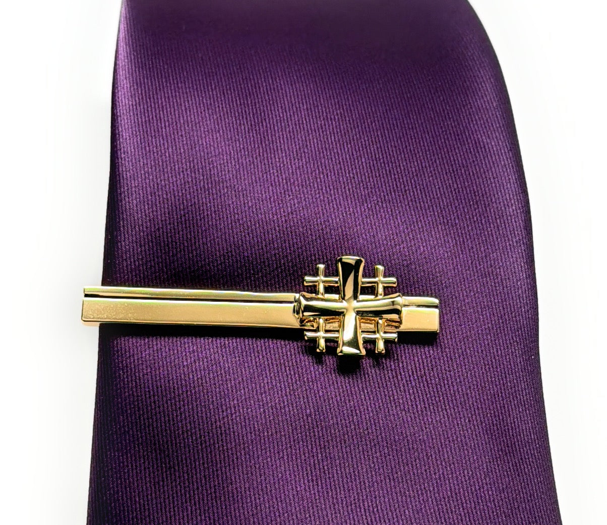 Polished gold Jerusalem Cross tie clip for church weddings and pastors