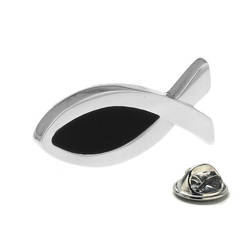 JayPins Silver Christian Ichthys Lapel Pin – polished silver and black enamel fish-shaped pin symbolizing faith and devotion; perfect for churchwear, baptisms, or spiritual gifts.
