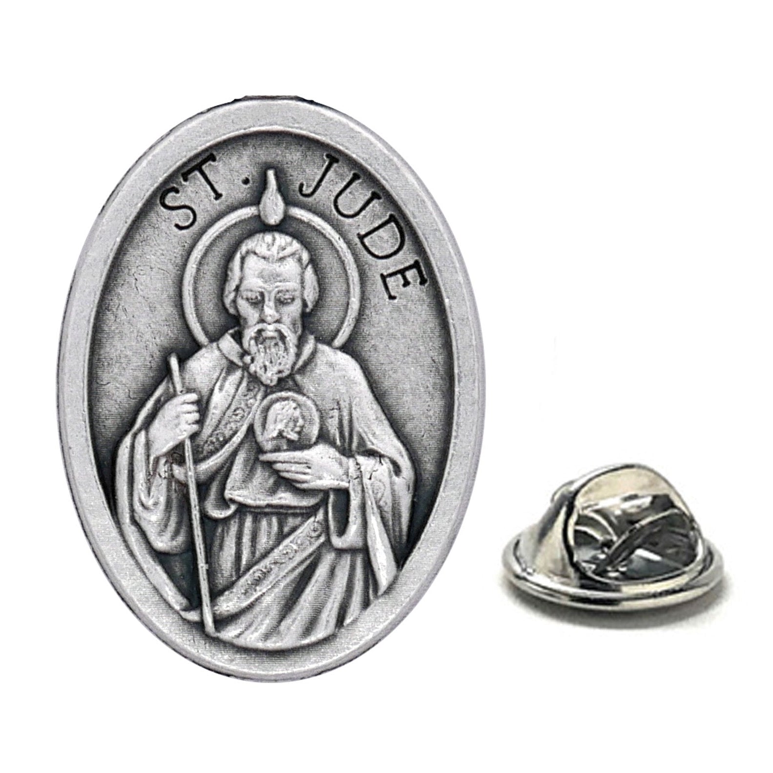 Silver Saint Jude medal on a white background