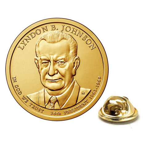 Lyndon Johnson Presidential Dollar Lapel Pin, Uncirculated One Gold Dollar Coin Enamel Pin LBJ
