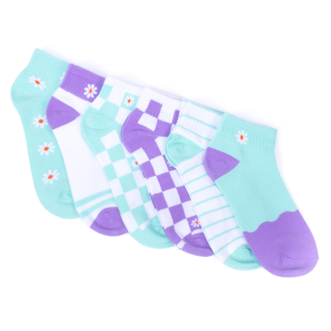 Women's Low Cut Socks Six Pairs Flower Embroidered Design Mom Gift Assorted Green Purple White Design 6 Pre Pack Ribbed Socks Ladies Socks