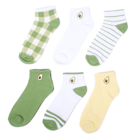 Women's Low Cut Socks Six Pairs Avocado Embroidered Design Mom Gift Assorted Green White Yellow Design 6 Pre Pack Ribbed Socks Ladies Socks