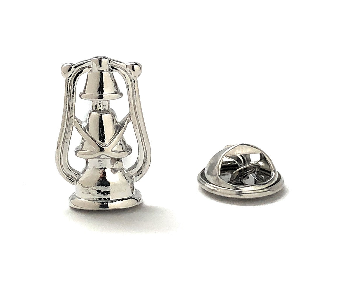Silver lantern lapel pin with butterfly clutch – vintage camping and hiking accessory