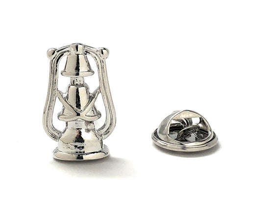 Silver lantern lapel pin with butterfly clutch – vintage camping and hiking accessory
