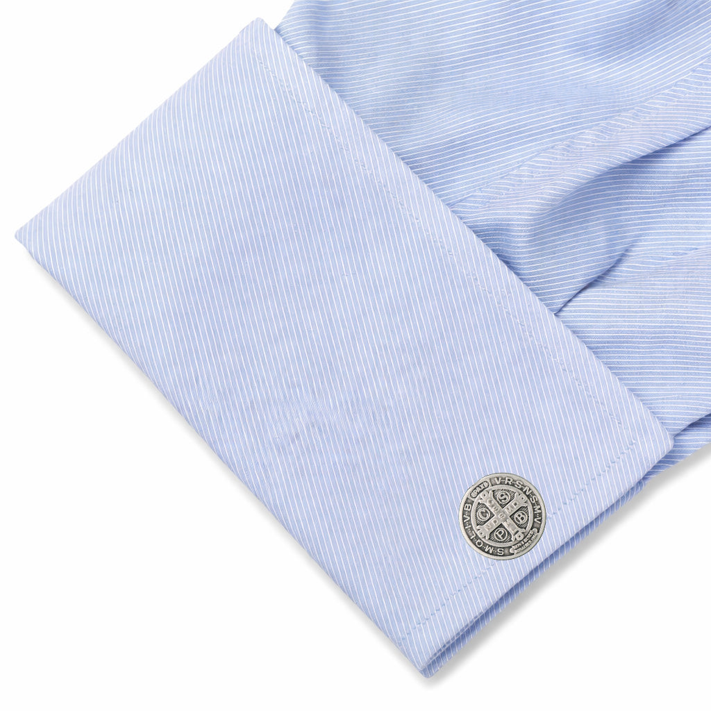 Catholic St Benedict cufflinks worn with formal dress shirt