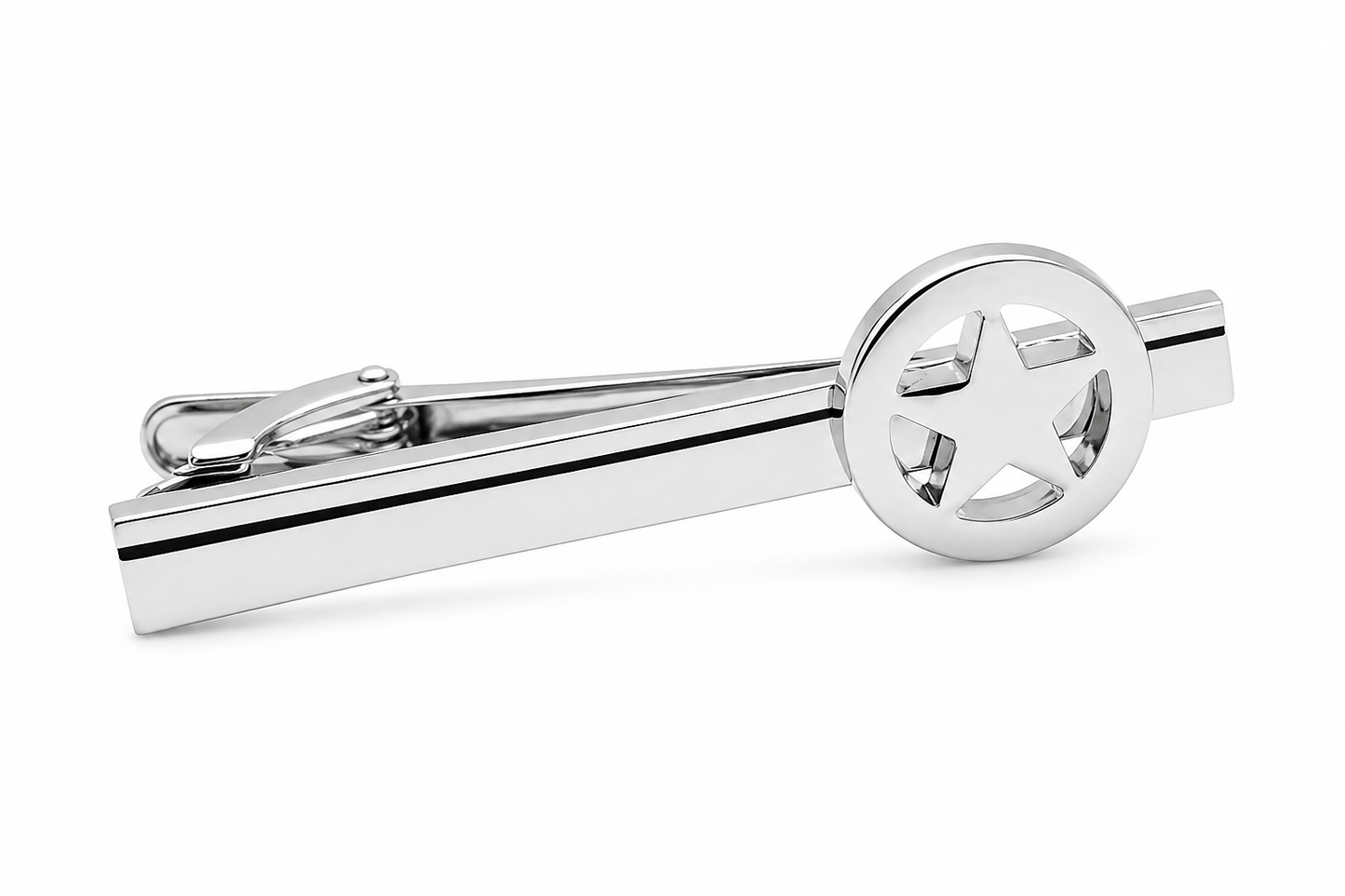 Silver Lone Star Tie Clip for Men with polished Texas star design and black accent stripe on a white background