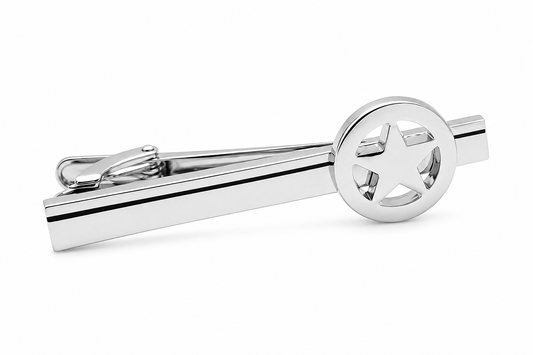 Silver Lone Star Tie Clip for Men with polished Texas star design and black accent stripe on a white background