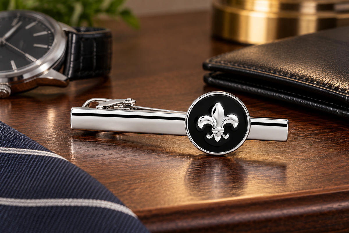 Silver Fleur-de-Lis Tie Clip nightstand