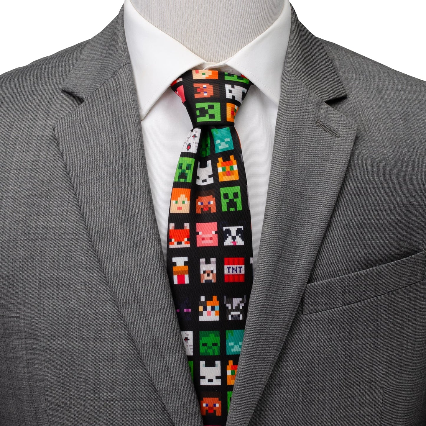 Gray suit jacket with a colorful tie featuring pixelated graphics on a white background