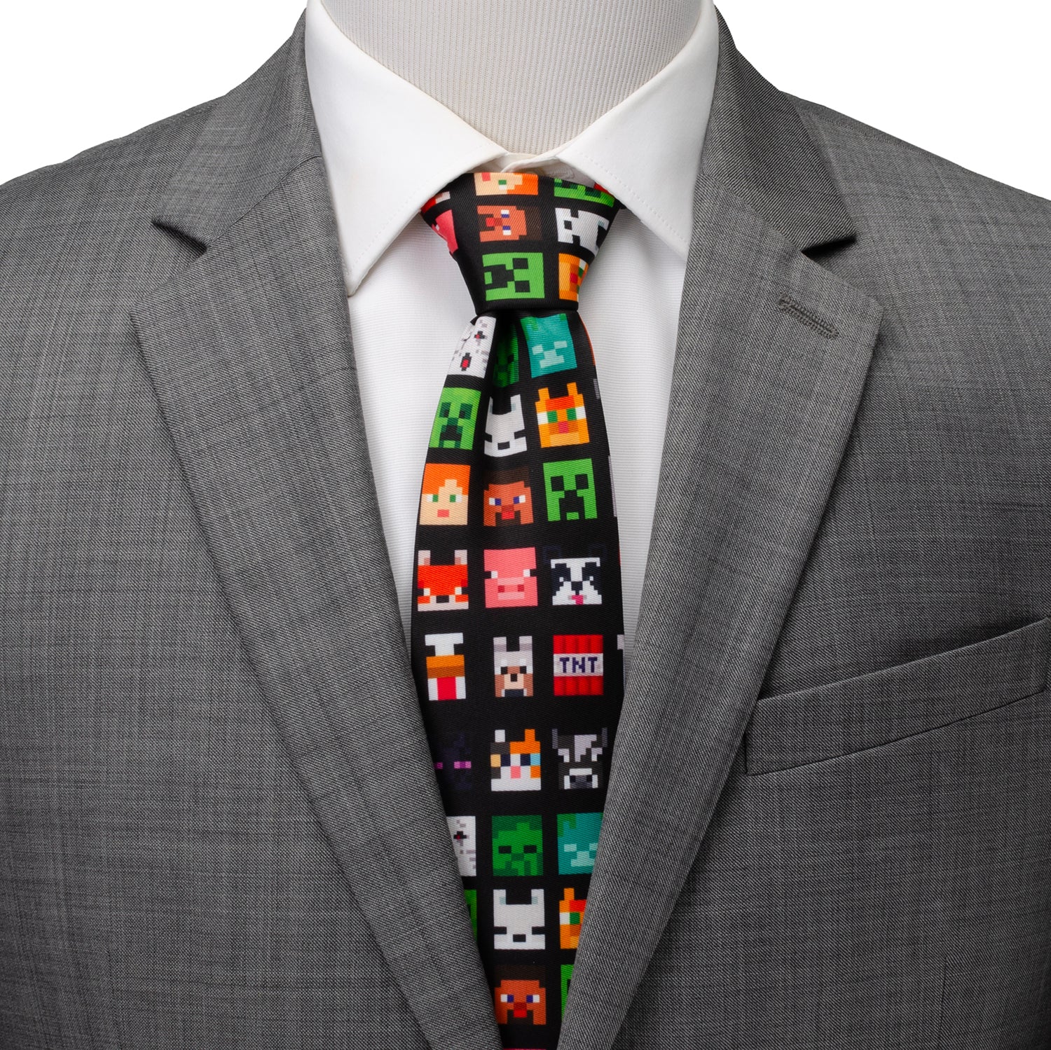 Gray suit jacket with a colorful tie featuring pixelated graphics on a white background