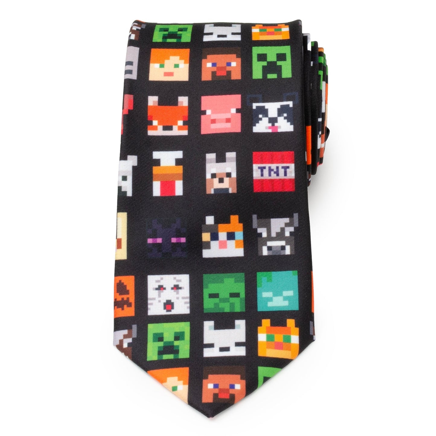 Pixelated tie with various colorful graphics on a black background