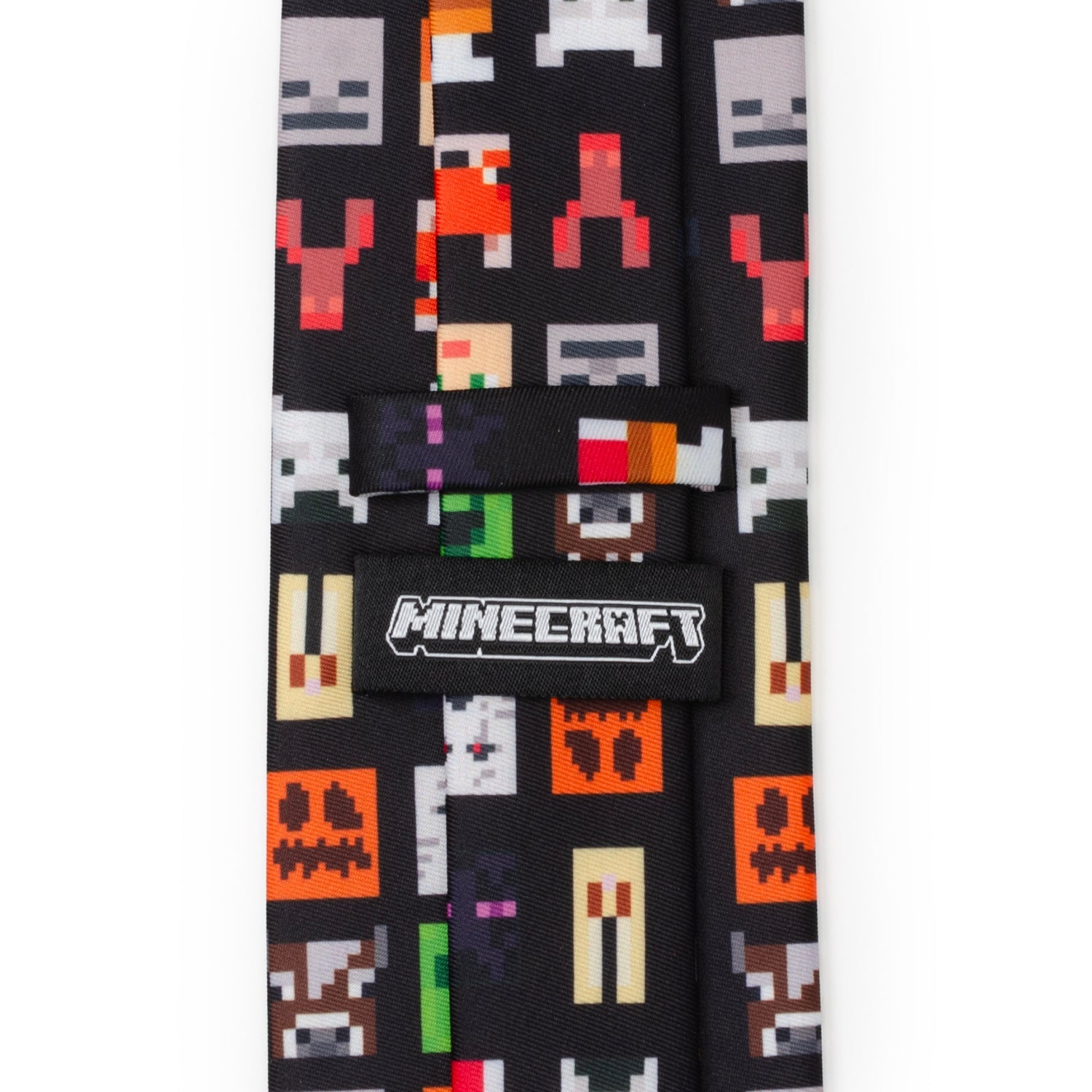 Minecraft-themed tie with pixelated graphics on a black background