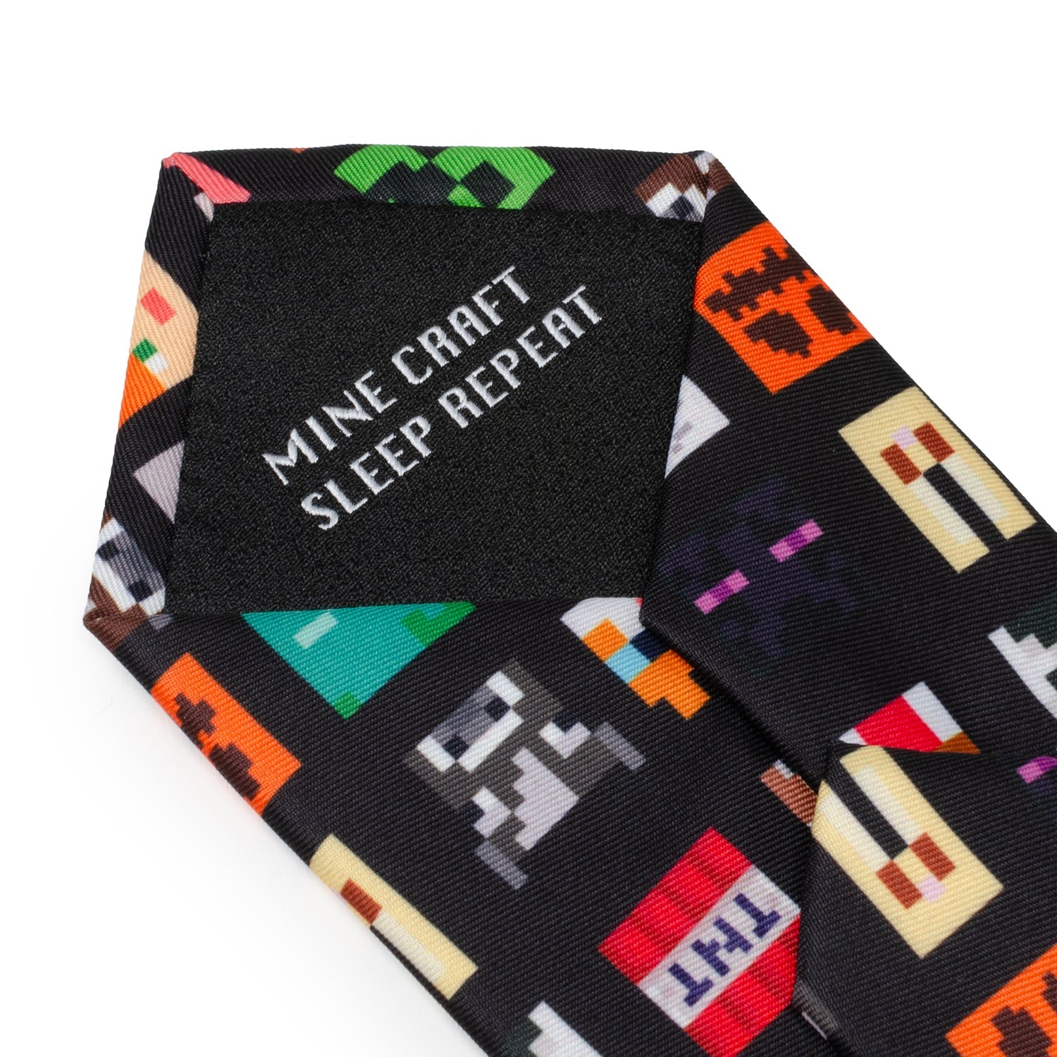 Tie with Minecraft-themed pattern and 'Minecraft Sleep Repeat' label on a white background