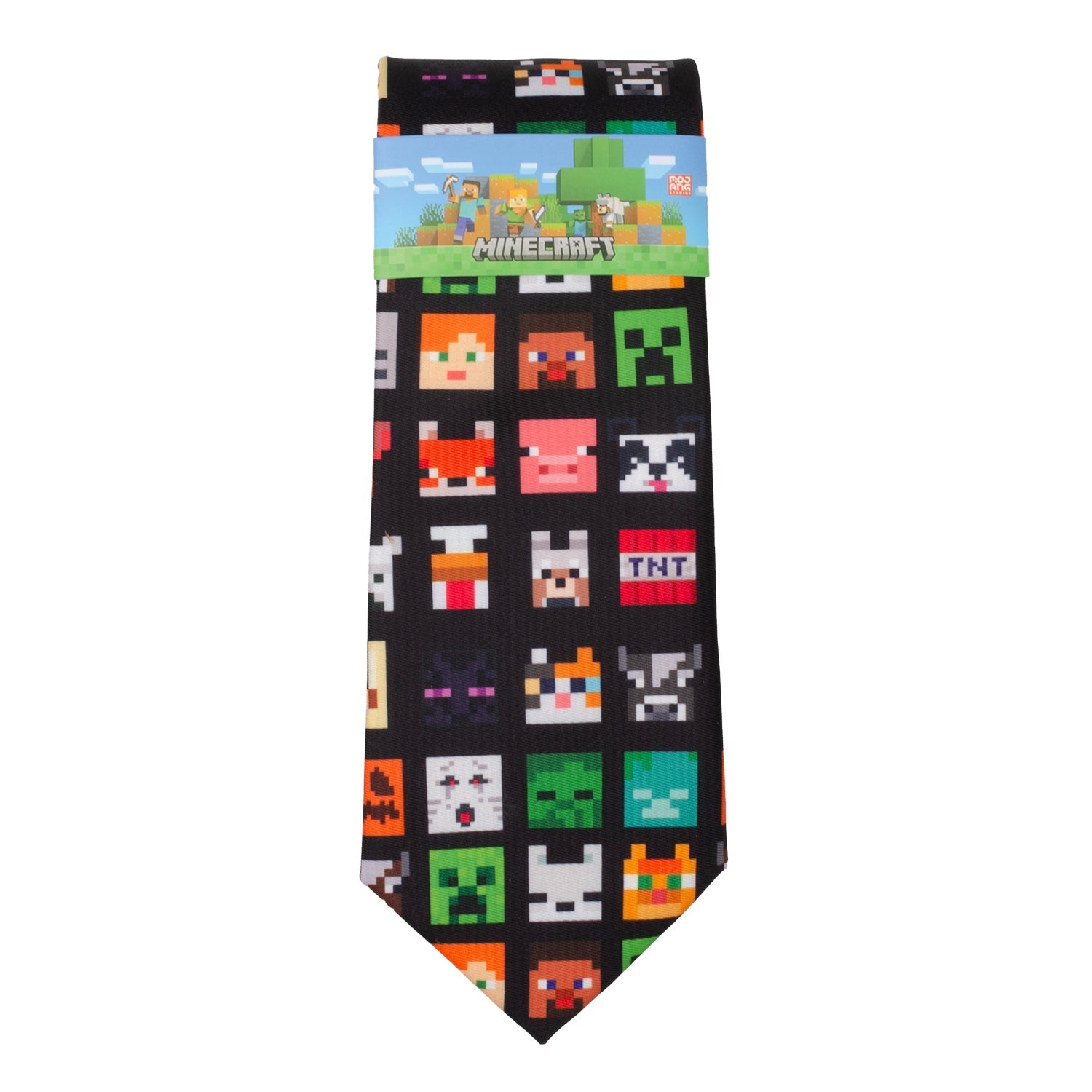Minecraft-themed necktie with pixelated characters on a black background