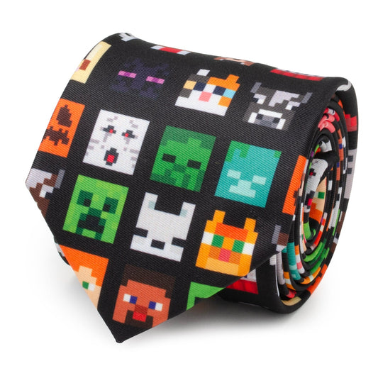 Pixelated tie with various colorful faces on a black background