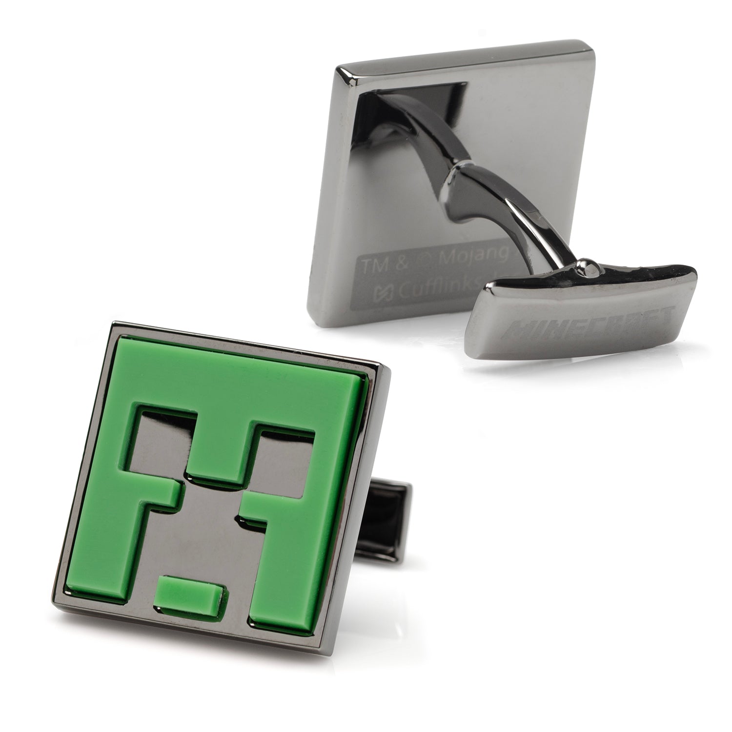 Cufflinks with green and silver design on a white background Minecraft Creeper Gunmetal Cufflinks