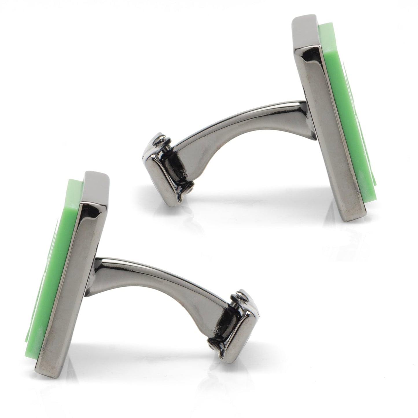 Pair of silver cufflinks with green square stones on a white background