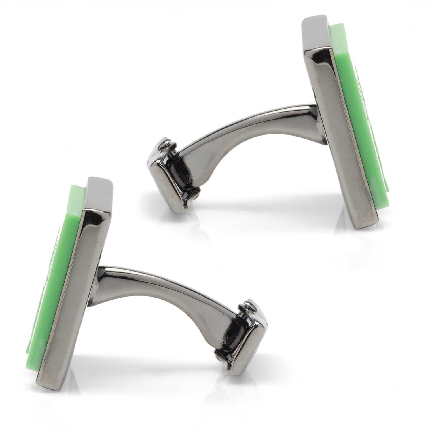 Pair of silver cufflinks with green square stones on a white background