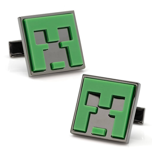 Two green and gray square cufflinks on a white background Minecraft Creeper Gunmetal Cufflinks