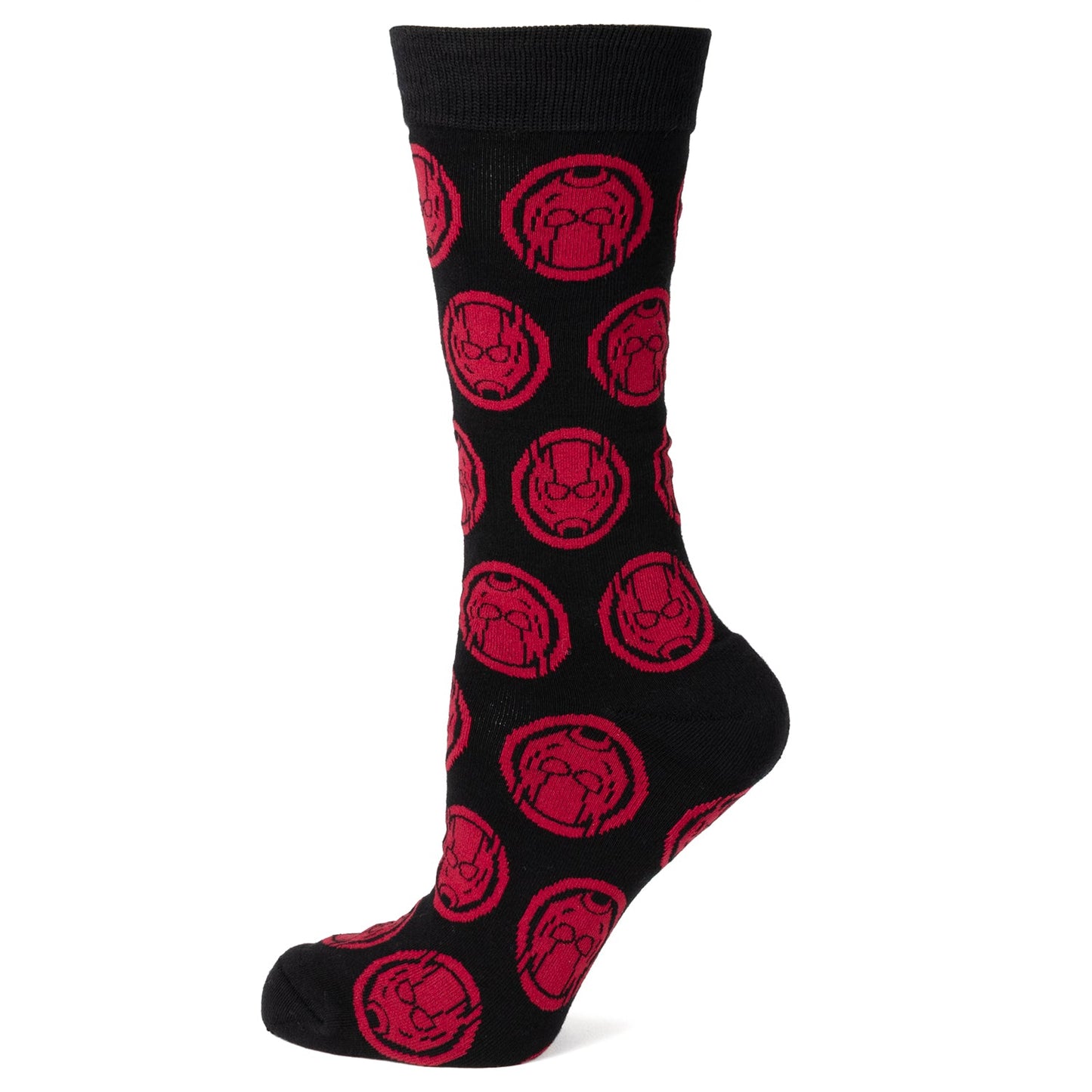 Black sock with red circular patterns on a white background
