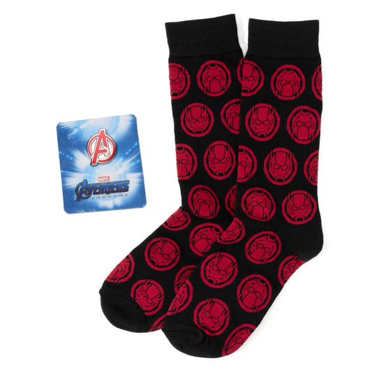 Black socks with red Iron Man logos and a Marvel Avengers packaging on a white background
