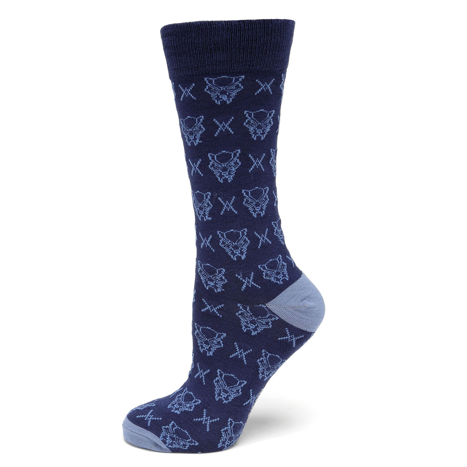 Navy sock with blue pattern on a white background