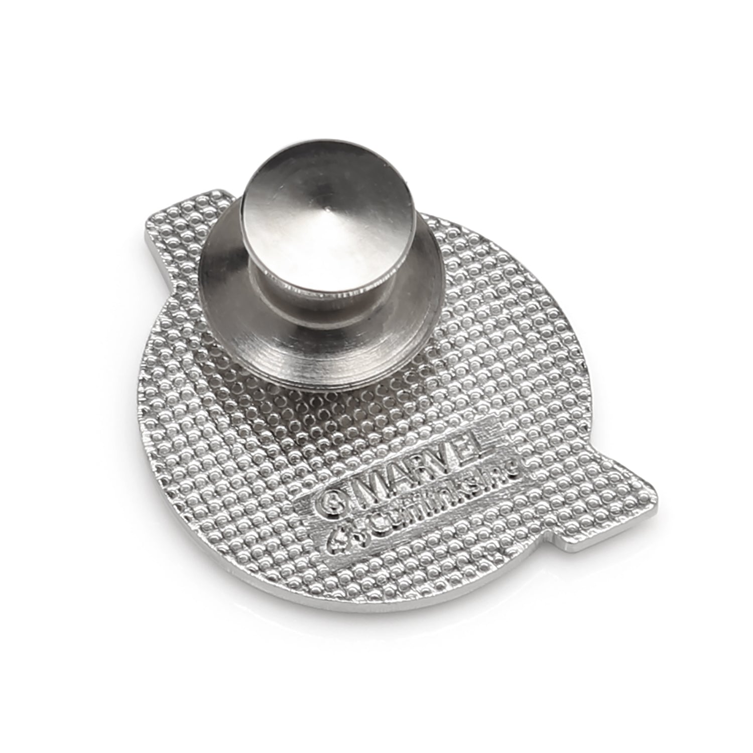 Metallic object with textured surface and central knob on a white background