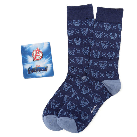 Navy blue socks with a pattern and Avengers packaging on a white background