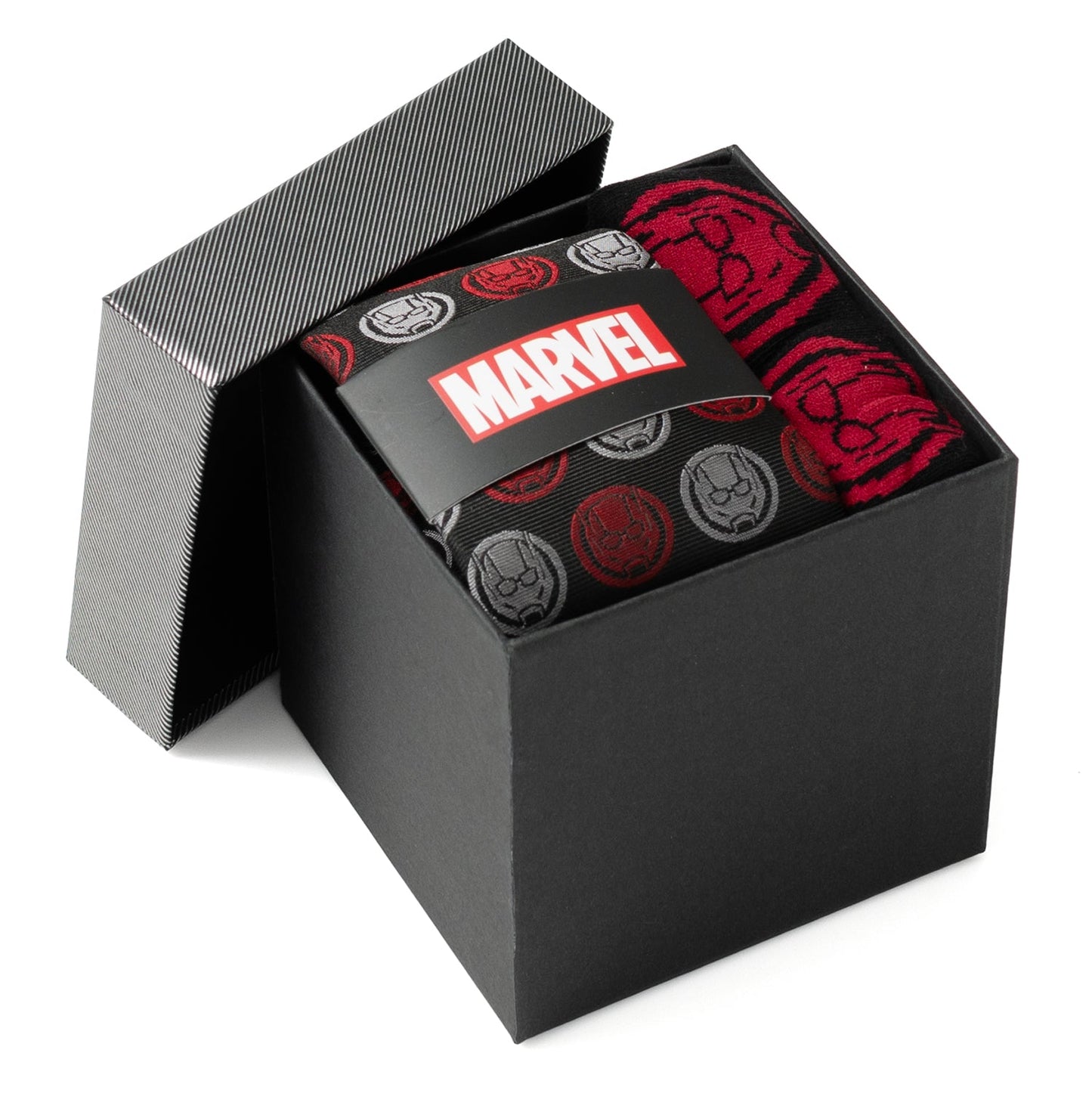 Marvel-themed socks in a black box on a white background