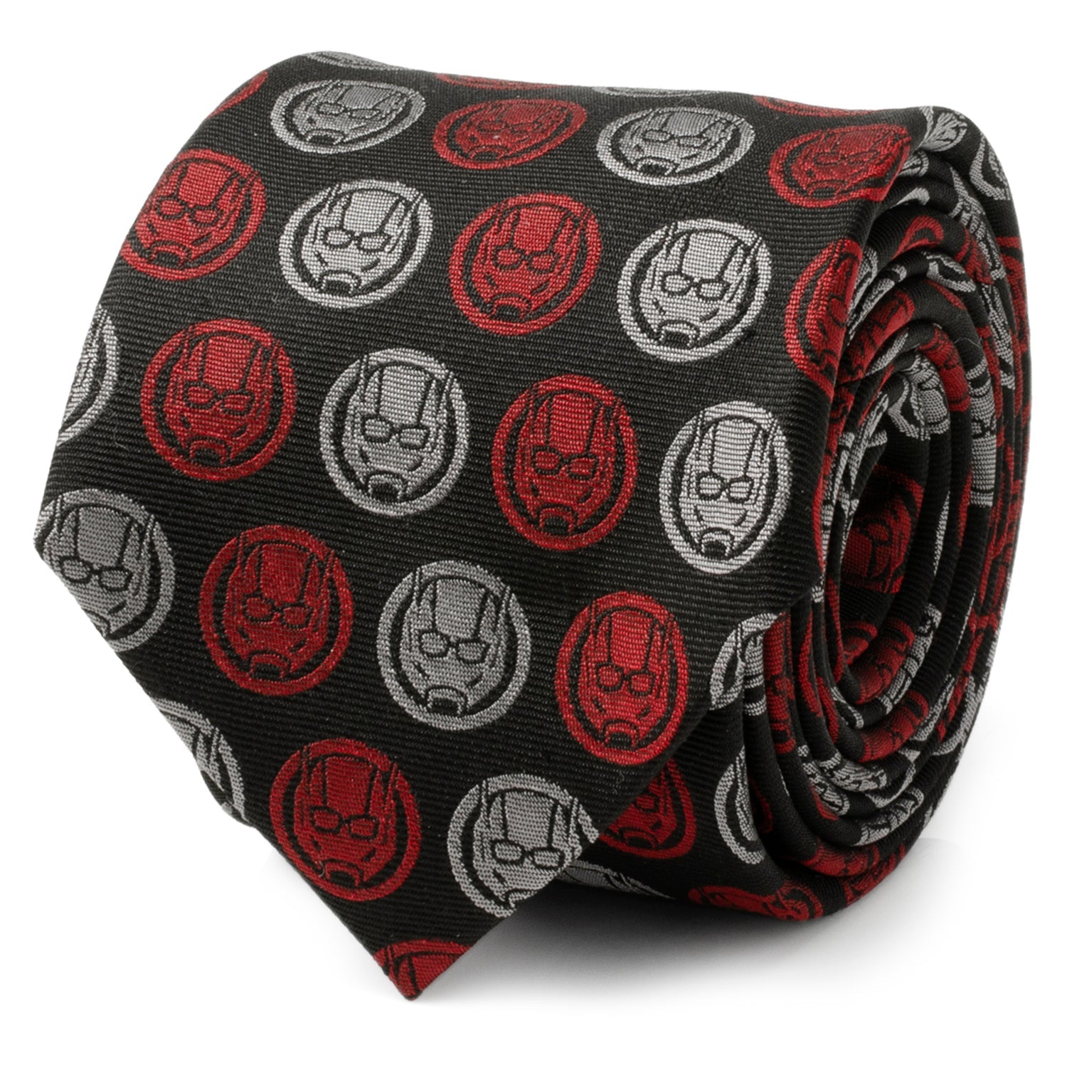 Tie with red and gray superhero logo pattern on a black background