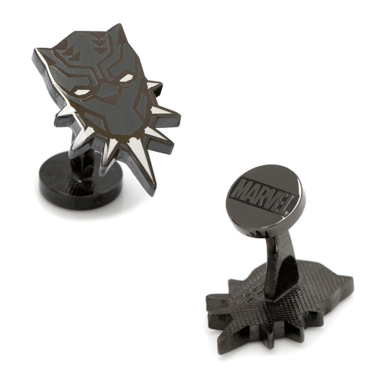 Black Panther cufflinks with Marvel logo on a white background