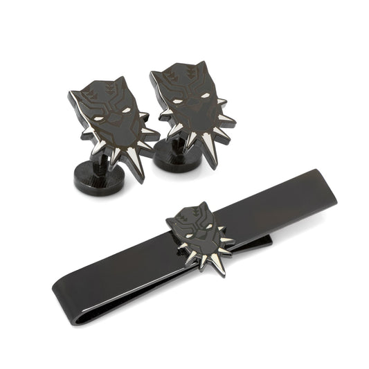 Black mask-shaped cufflinks and tie clip set on a white background Marvel Black Panther Cufflinks and Tie Bar Gift Set