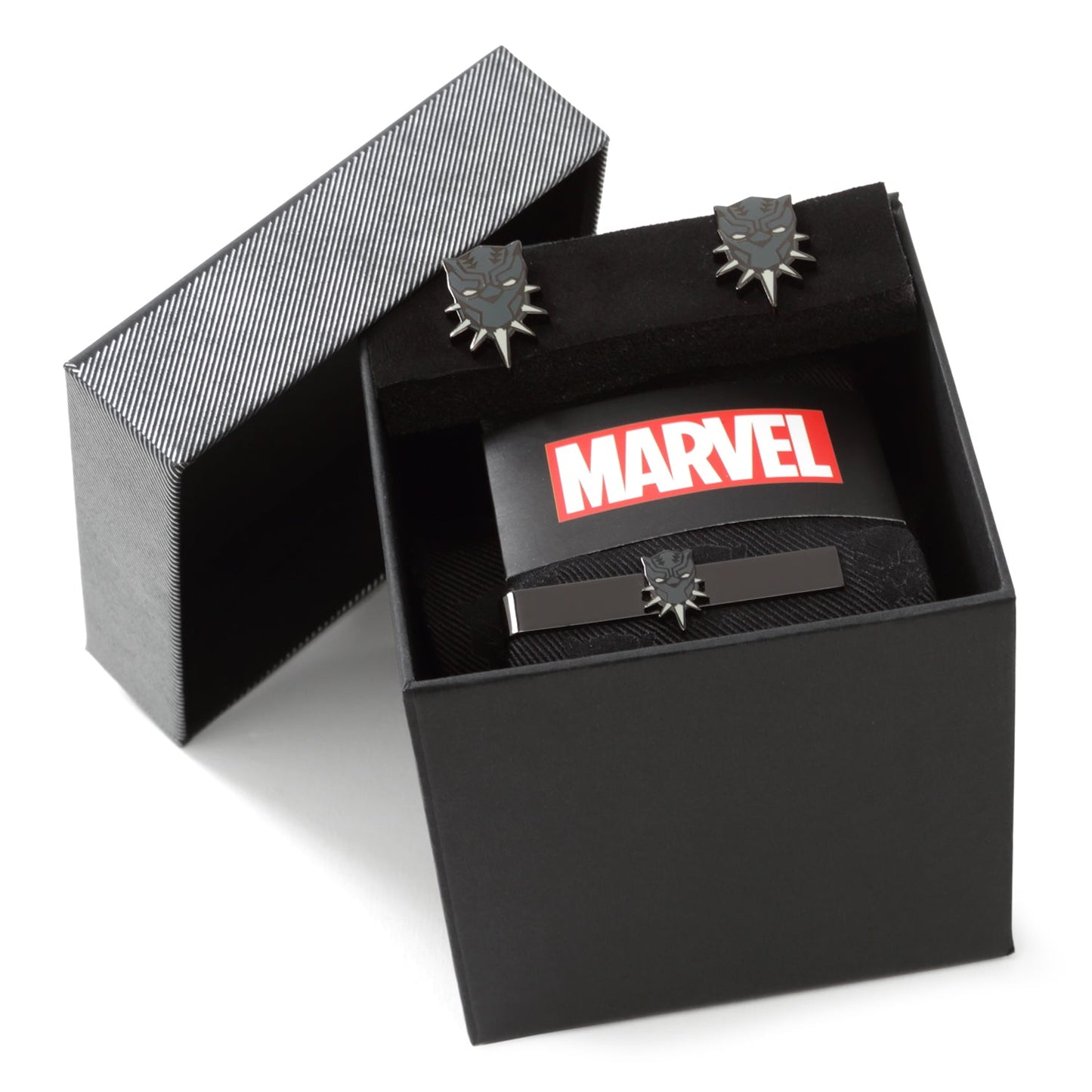 Black leather wallet with Marvel logo in an open black box on a white background