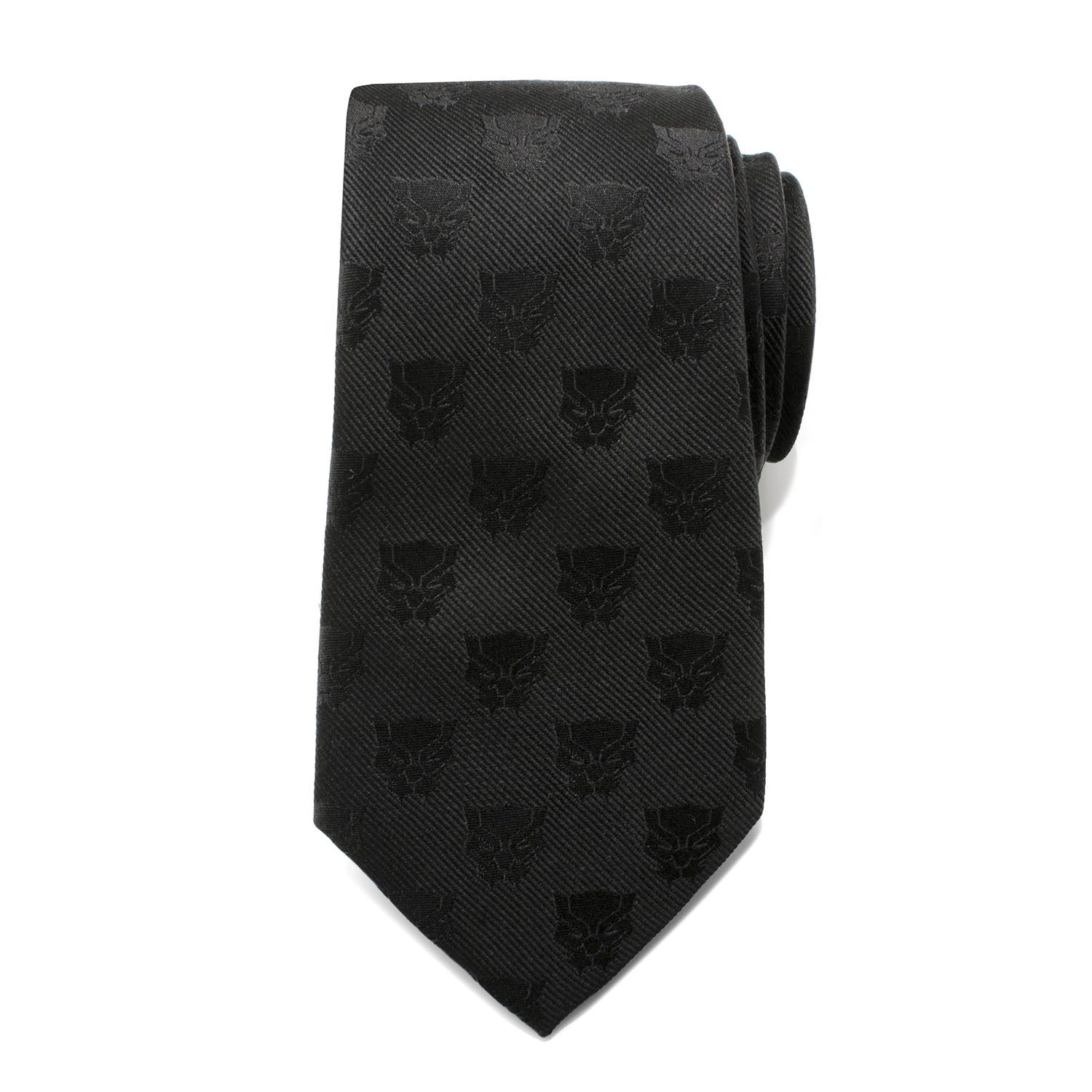 Black tie with black panther pattern on a white background