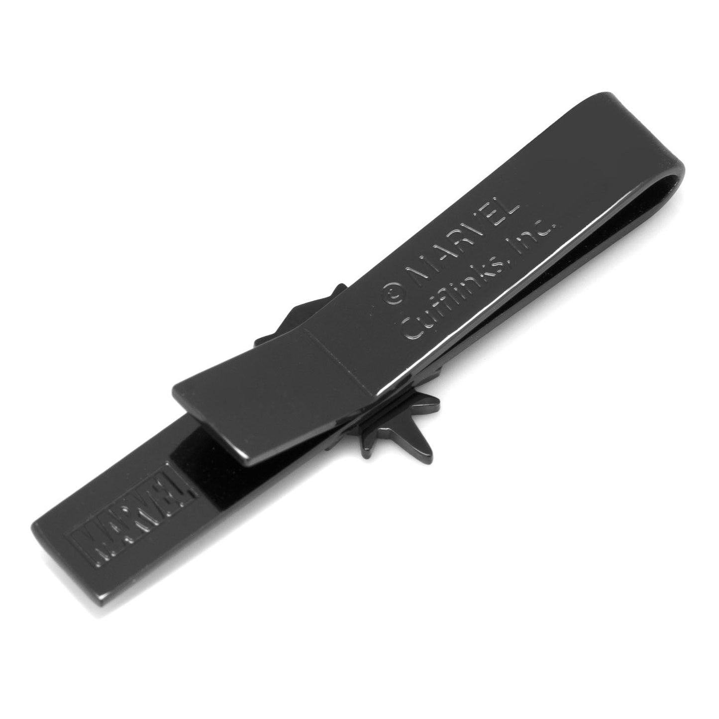 Black tie clip with 'Marvel' branding on a white background