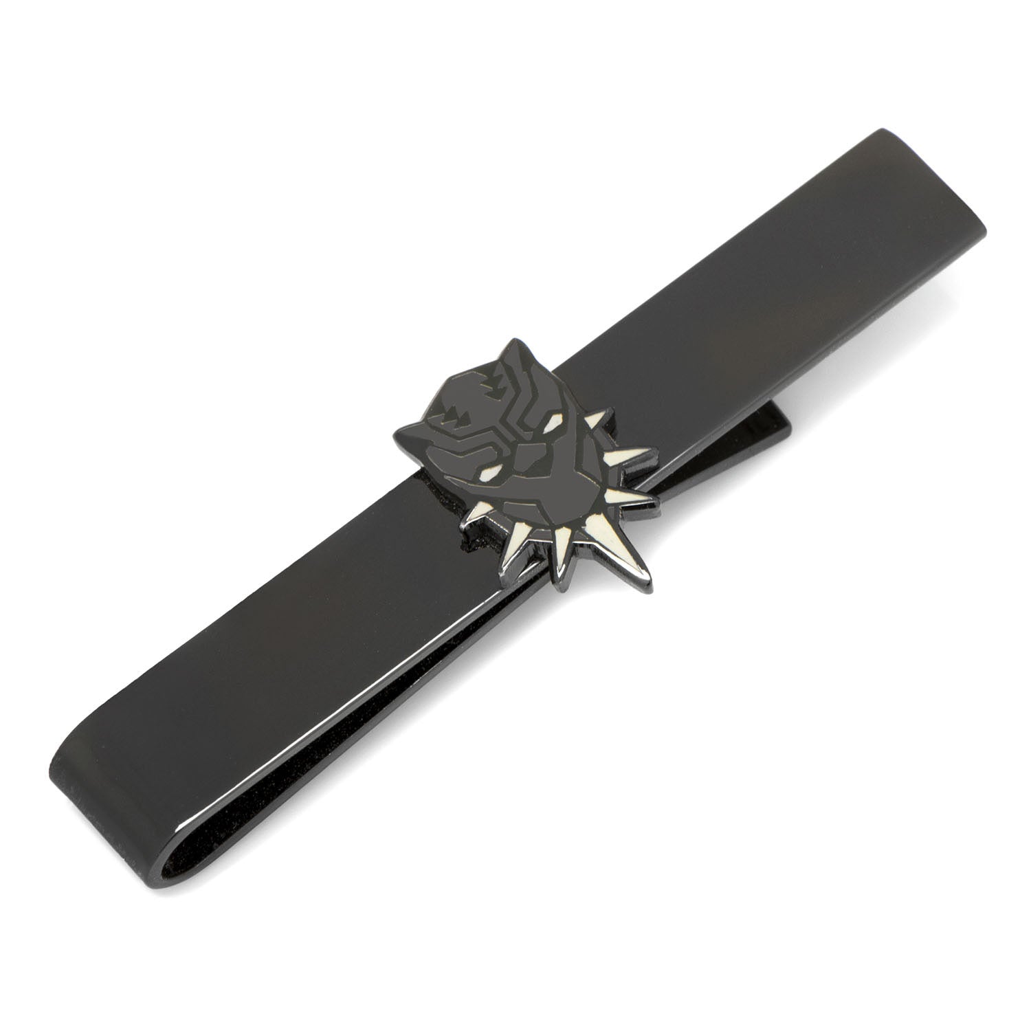 Black tie clip with a detailed emblem on a white background