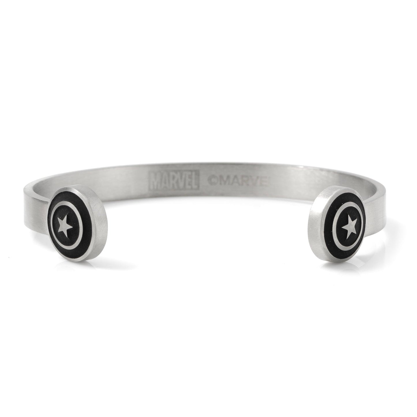 Silver bracelet with Captain America emblem on a white background